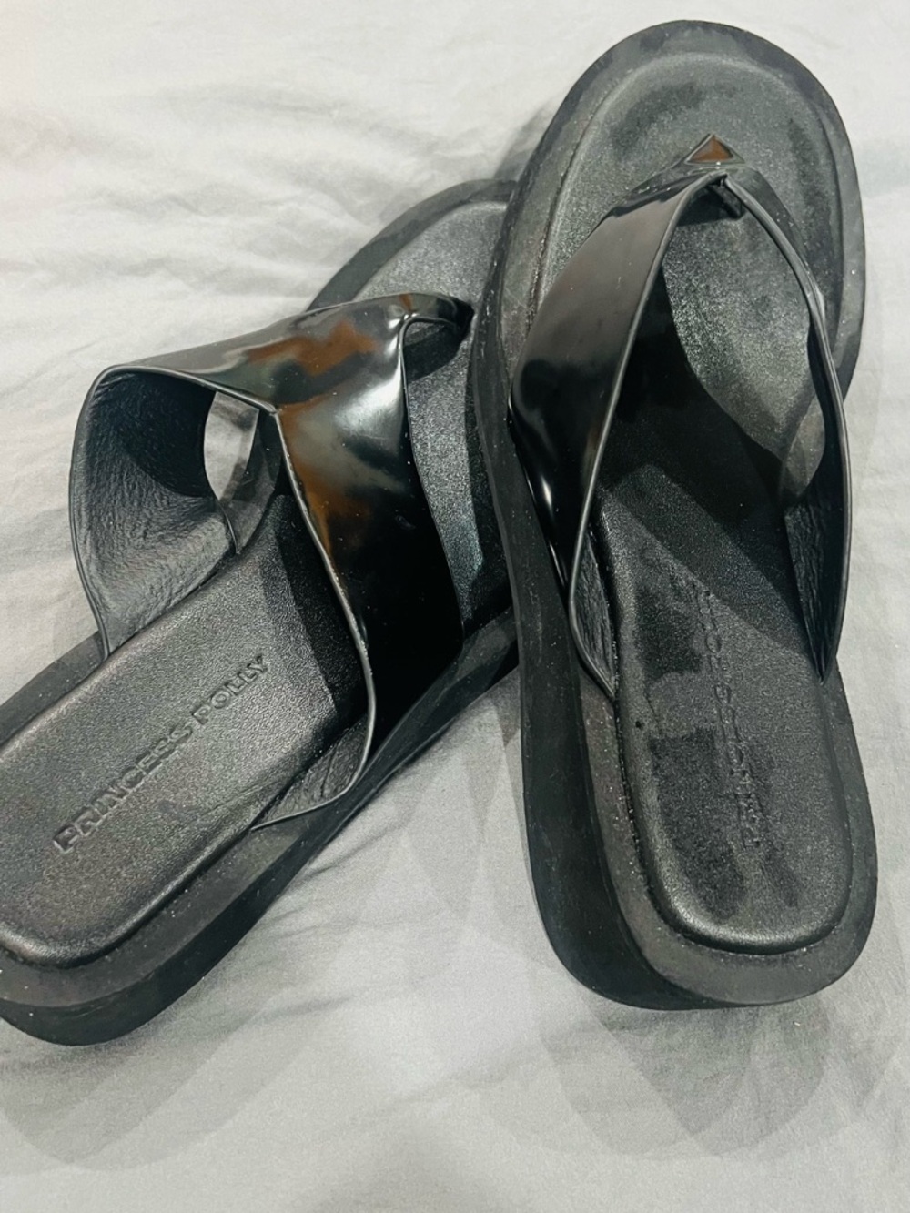 Princess Polly Black Patent Platform Thong Sandals